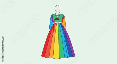 Stylized, rainbow-colored traditional Korean garment on a mannequin