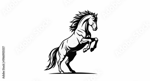 Stylized rearing horse, powerful and dynamic black and white illustration