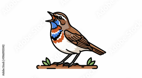 Small brown bird with colorful throat feathers chirps on a dirt patch