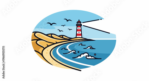 Stylized coastal scene with a lighthouse on sand dunes by the sea