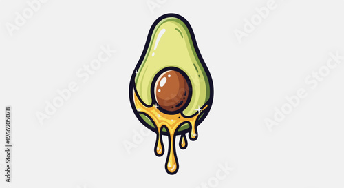Cartoon-style avocado halves with dripping golden liquid and sparkling accents