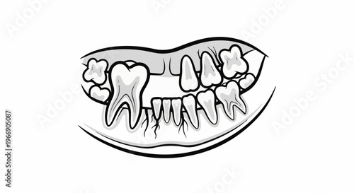 Black and white illustration of a human jaw with several missing teeth and varying tooth decay
