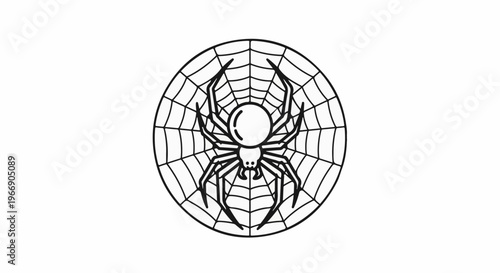 Black and white graphic of a spider on a web inside a circle