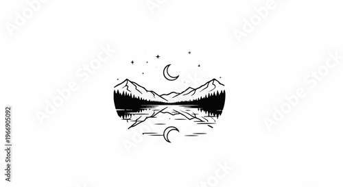 Black and white graphic of a reflected mountain range under a starry night sky