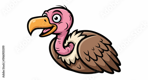 Cartoon vulture with pink head and orange beak, brown wings