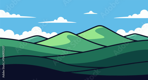 Stylized green hills under a blue sky with fluffy white clouds