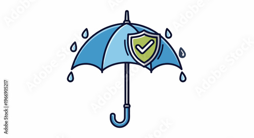 Blue umbrella with a shield and checkmark protects from rain drops