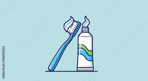 Blue toothbrush with toothpaste and tube on pale blue background