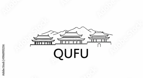 Stylized line art of traditional East Asian architecture with mountains