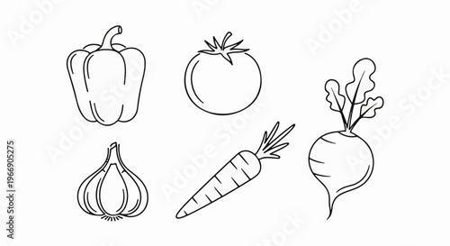 Black and white line drawings of common vegetables arranged in a composition
