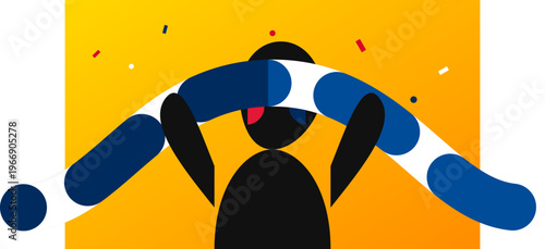Hand-drawn minimalist silhouette sports fan holding a blue scarf during an exciting game with colorful confetti authentic illustration