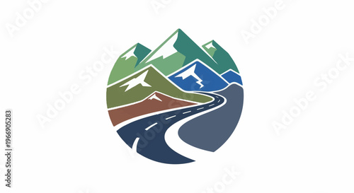 A winding road through a stylized oval landscape of colorful mountains