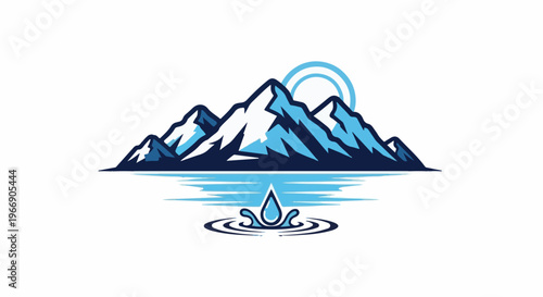 Stylized mountain range reflected in water with a sun and a water drop