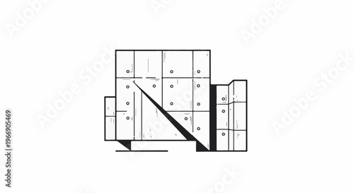 Abstract geometric illustration of stacked blocks with circular details and shading