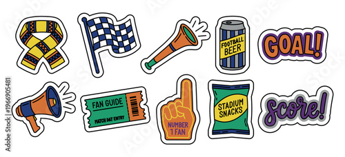 Football fan sticker set with sports gear, scarf, flag, megaphone, and stadium snacks. Vibrant flat line art icons for match day, soccer fans, and athletic championship events.