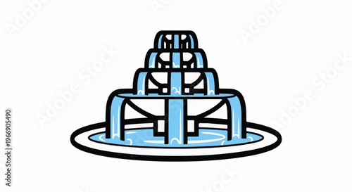 A stylized, multi-tiered water fountain with blue cascading water