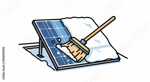 Illustration of solar panels being cleaned of snow with a broom