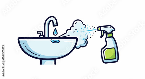 A spray bottle releases a cloud of cleaning mist onto a sink