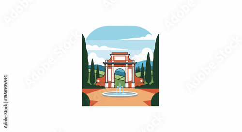 Italian villa entrance with fountain and cypress trees, rolling hills