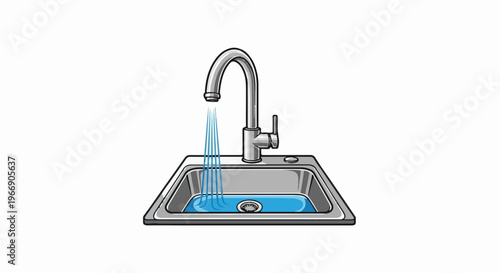 A stainless steel kitchen sink with water running from a modern chrome faucet