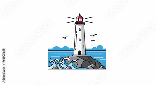 A solitary lighthouse stands on a rocky island, guiding ships through choppy blue seas