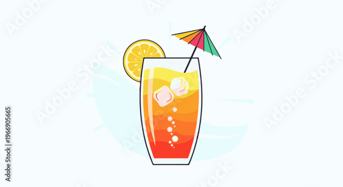 Refreshing layered tropical beverage with ice, lemon, and umbrella