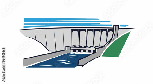 Stylized illustration of a large concrete dam with water flowing through it