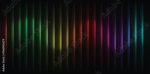 Abstract Dark Rainbow Equalizer Background with Glowing Vertical Bars and Vibrant Neon Light Trails, Futuristic Cyberpunk Data Visualization and Audio Spectrum Design for Modern Tech Projects.