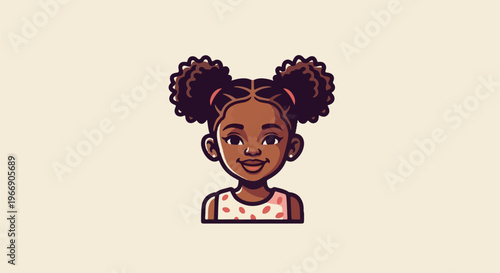 A smiling girl with curly hair styled in two puffs and wearing a dotted top