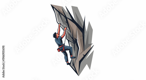 Stylized person scaling a jagged rock formation with red climbing gear