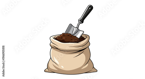 Bag of soil with trowel for gardening and planting white background