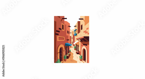 Sun-drenched alley with warm-toned buildings and potted plants