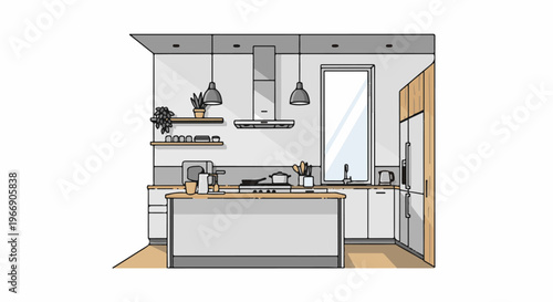 Clean, modern kitchen interior with island, appliances, and window