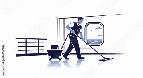 Cleaner mopping floor on ship with ocean view