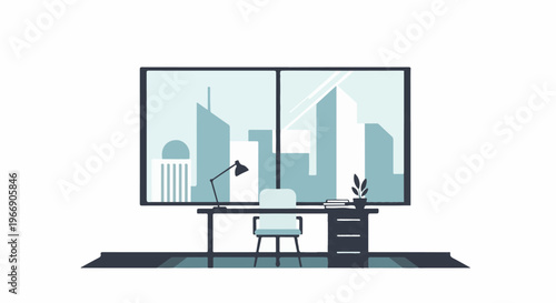 Minimalist office interior with city view through large window