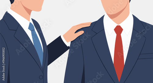 Two businessmen in suits, one with a hand on the other's shoulder, against a plain background