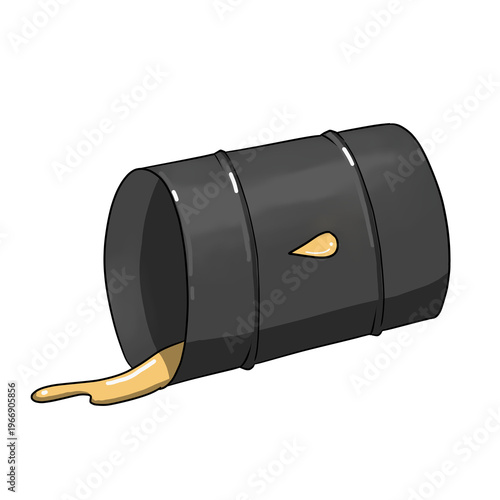 Hand-drawn metal barrel tipped over with oil leaking out, isolated on a transparent background. This  depicts oil spill from a drum container, Oil Crisis