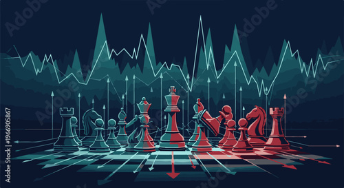Chess pieces on a board with financial chart lines in the background