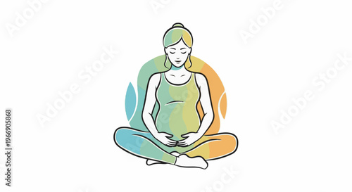 Pregnant woman meditates in a lotus position with colorful abstract shapes