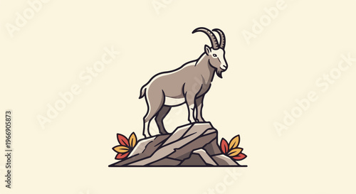 Stylized mountain goat stands on rocky terrain with autumnal foliage