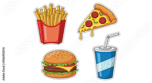 Cartoon fast food featuring a burger pizza fries and soda drink