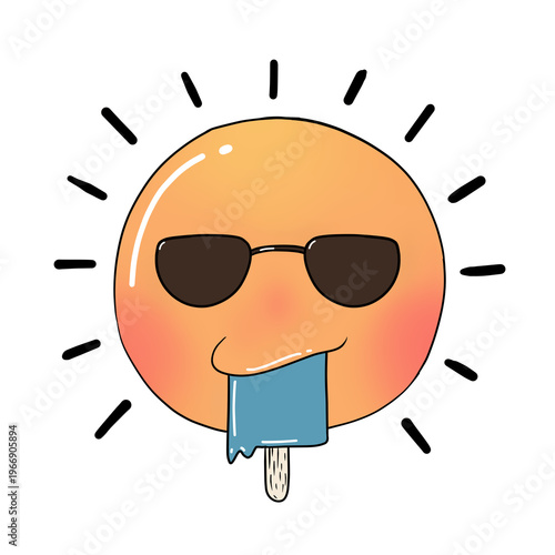 Hand-drawn Cute sun cartoon character wearing sunglasses and eating a blue melting popsicle