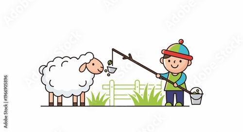 Child fishing for food for a sheep near a fence