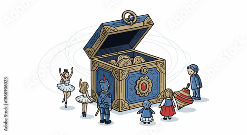 Children gather around a treasure chest filled with coins, with toys scattered about