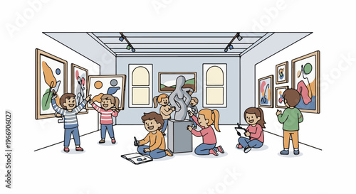 Children interact with art and a sculpture in a gallery