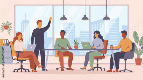 Diverse business team collaborating in a modern office meeting room