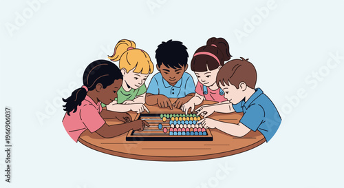 Children learning math with an abacus at a table