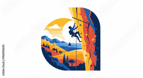 Climber on a colorful rock face overlooking a scenic coastal landscape