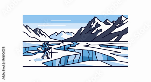 Climber with backpack traverses a fractured icy landscape below mountains