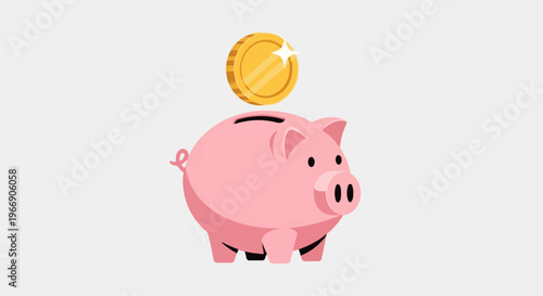 Pink piggy bank receiving a gold coin against a light gray background